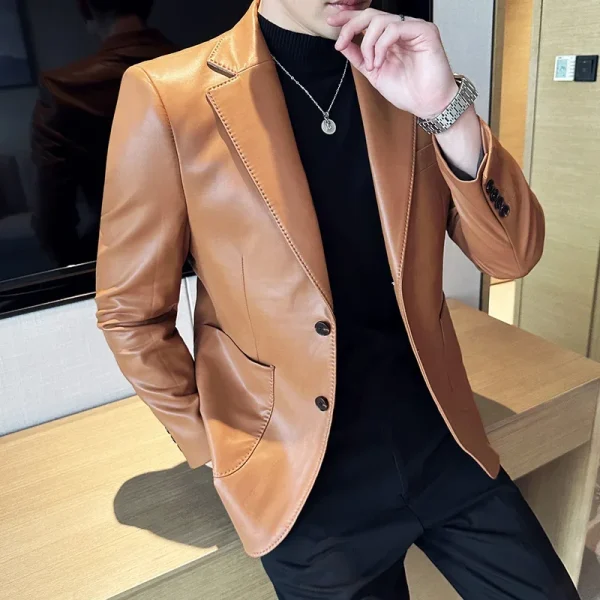 Korean Social Prom Tuxedo 5 Color Premium Men's Casual Leather Jackets Fashion Slim Fit Social Suit Leather Coat - Image 5