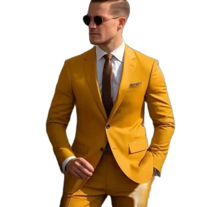 Elegant Men's Formal Slim Fit Full Set Jacket Pants and Jackets in Yellow Single Breasted Notch Lapel Blazer Luxury