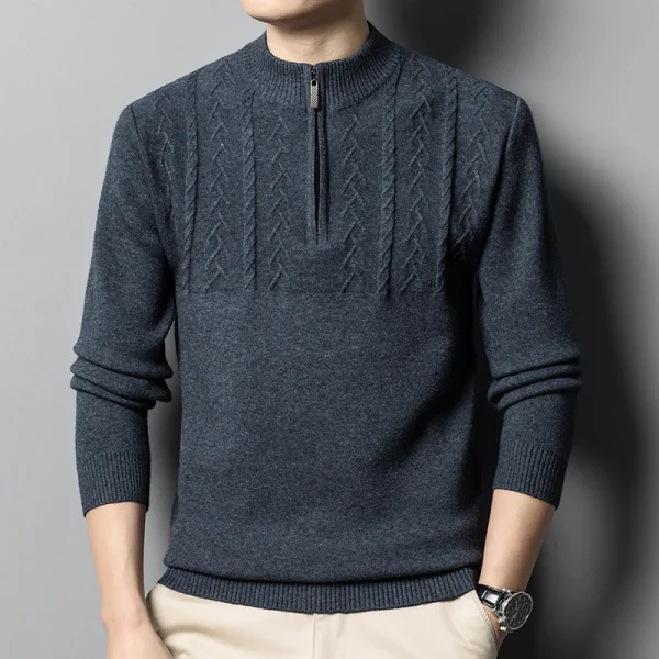 Warm, long-sleeved, solid-colored, half-zip men's pullover sweater with a half-high collar for fall and winter. - Image 11