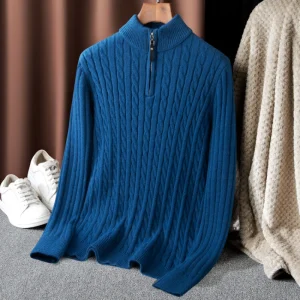 Men's Solid Color Turtleneck Top with Thermal Zipper Pullover Sweater for Fall and Winter by Boutique