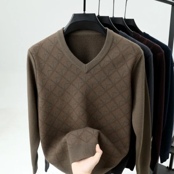 Men's Fashion Business Casual T-shirt, New Winter V-neck Sweater Knitwear, Full Body Jacquard Thickened - Image 4