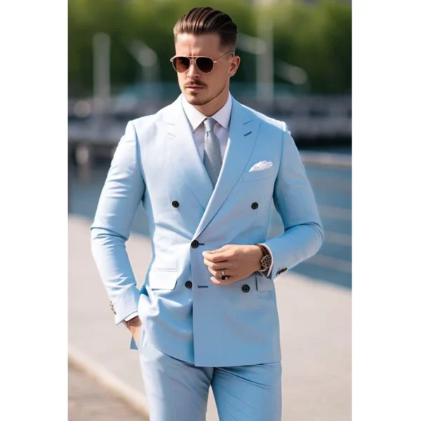 High-end, two-piece, regular-length, flat-front, peak-lapel, double-breasted, stylish men's suits in sky blue, costume homme blazer - Image 3