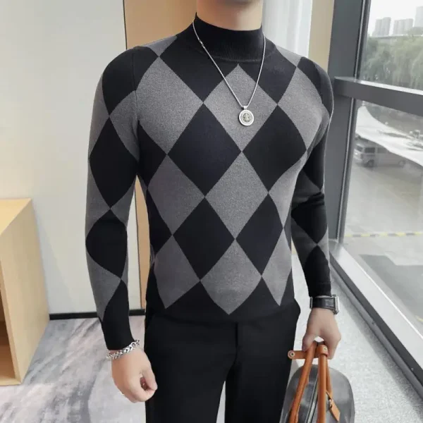 Plaid Mock-neck Slim-fit New Products for Men's Fashion Base Shirts for Autumn and Winter Warm, Stretchable Pullover - Image 4