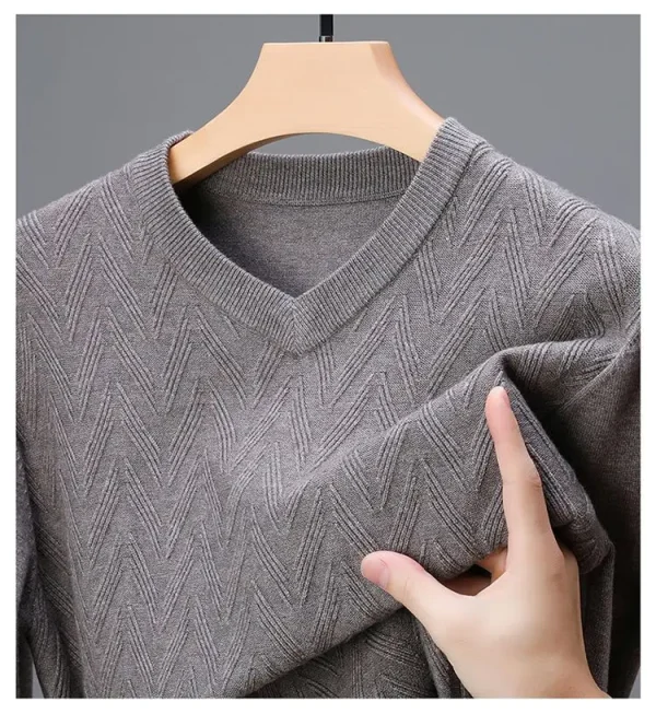Superior quality V-neck pullover knitted sweater, daily slim-fit base shirt, thickened and warm men's sweater.Shirt with Dark Stripes - Image 9