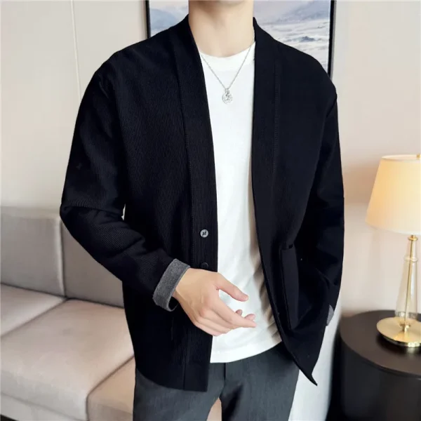 Men's Casual Loose Fit Cardigan with Long Sleeves, Color-Blocking Cuff, Stretchable, and Warm Knit for Fall and Winter 2024. - Image 3