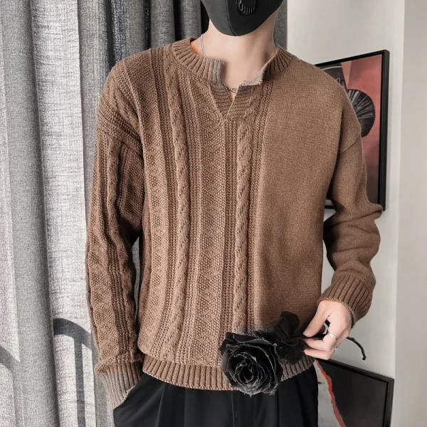 Base Layer Sweater, Men's Warm Knit Pullover, Solid Color, V-neck Style, Half-twisted Design, White. - Image 4