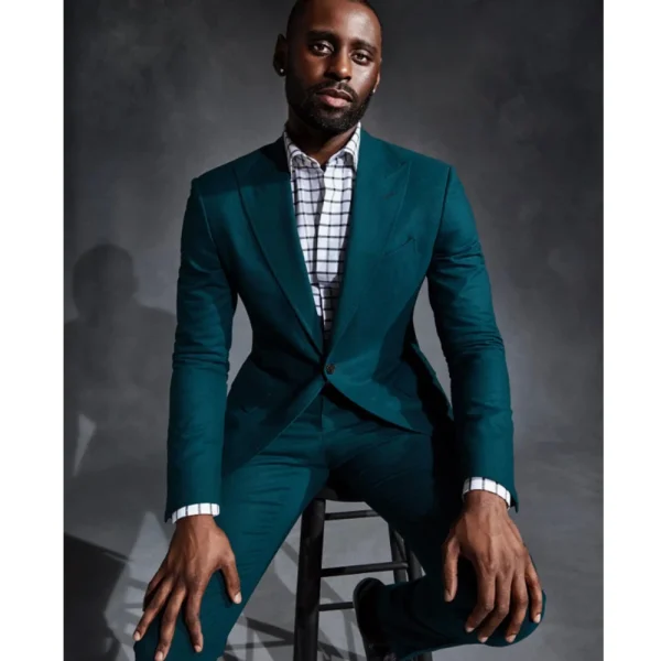 Premium Single Breasted Peak Lapel Luxury Blazer Skinny Green Two-Piece Jacket and Pants Slim Fit Men's Outfits Blazer Homme - Image 3