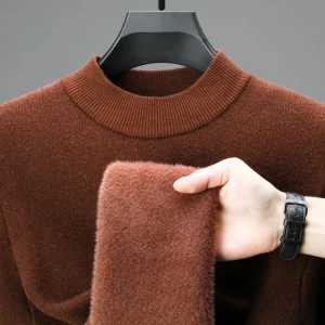 Men's Vintage Half Turtleneck Pullover Sweater with Fleece Lining for Everyday Warmth.