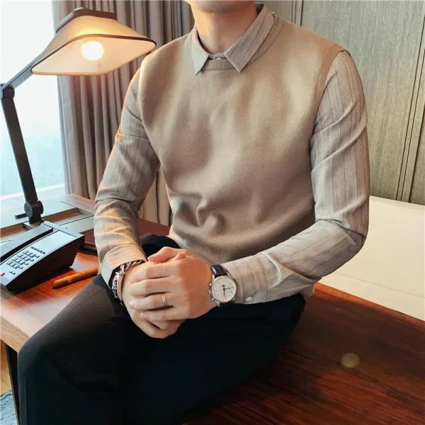 Men’s Fall and Winter Shirt Collar Fake Two-Piece Sweaters, Youth Fashion Knitwear, Business Casual, Shirt Sleeve - Image 2