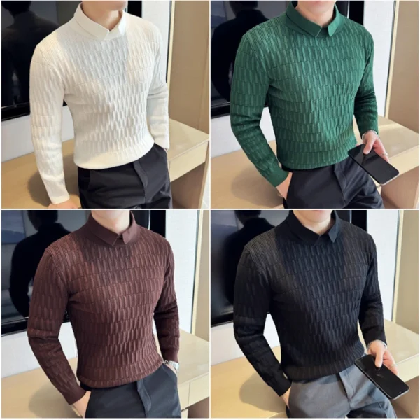 Superior Men's Lapel Solid Color Warm Sweater for Fall and Winter with a Sewn-in Shirt Collar, Made of 70% Cotton - Image 5