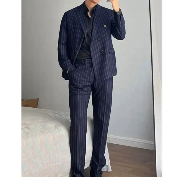 Luxurious Double-breasted, Peak-lapel, Regular-Length Blazer, Navy Blue Striped Men's Suits Stylish Wedding Men's Complete Sets - Image 2