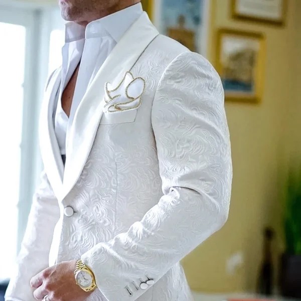 Luxurious White Jacquard Men's One-Button Slim Fit Wedding Groom Tuxedos Chic Two-Piece Jacket and Pants Costume Homme Blazer for 2025 - Image 2