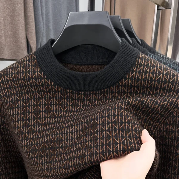 Premium men's wool blend sweater with an O-neck. Knitted pullover with thickened long sleeves and a geometric design - Image 2