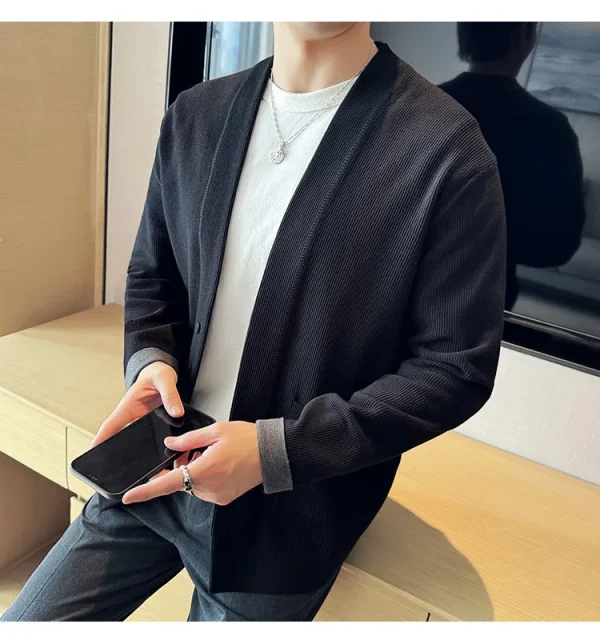 Men's Casual Loose Fit Cardigan with Long Sleeves, Color-Blocking Cuff, Stretchable, and Warm Knit for Fall and Winter 2024. - Image 8