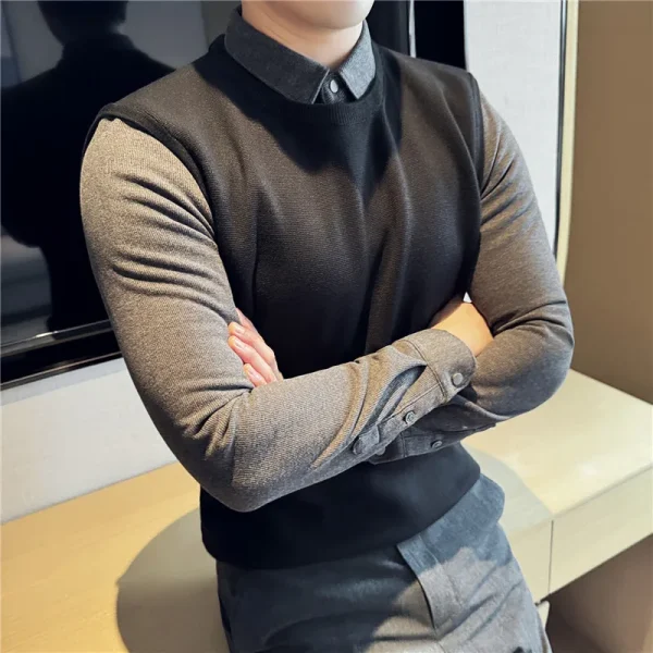 The collar of a dark pinstripe corduroy textured flannel shirt.Men's Sweaters with a Sewn-in Shirt Collar and a Layered Style - Image 4