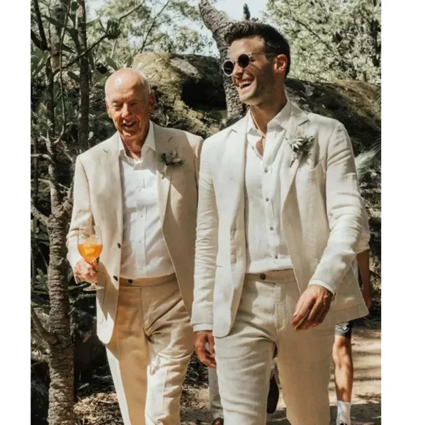 Stylish Men's Suits in Linen Beige with a Single Breasted Notch Lapel Blazer Slim Fit Skinny Two-Piece Jacket and Pants for Special Occasions - Image 2