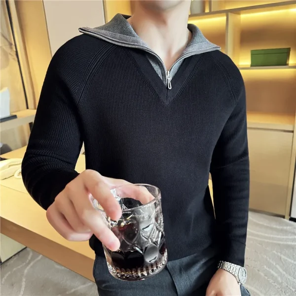 Men's Turtleneck Warm Sweater with Splice Color, Youth Slim-fit Knit Shirt for Fall and Winter, Half Zip-up Sweater. - Image 4
