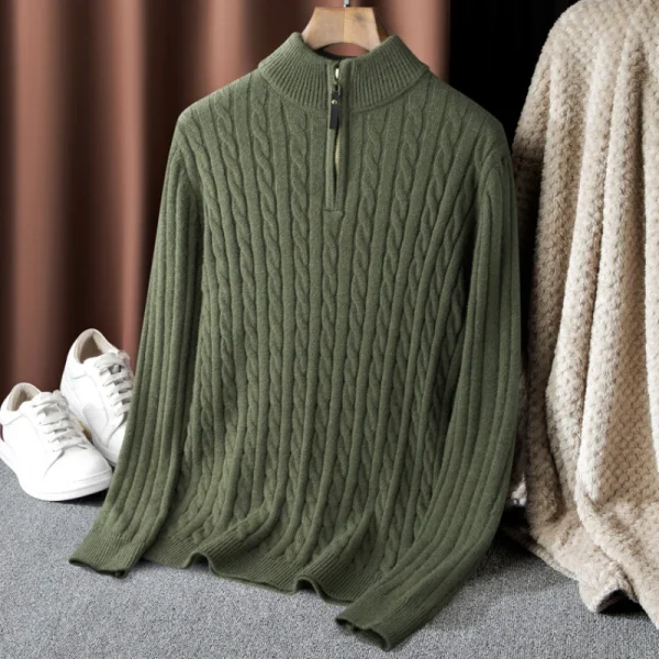 Men's Solid Color Turtleneck Top with Thermal Zipper Pullover Sweater for Fall and Winter by Boutique - Image 5