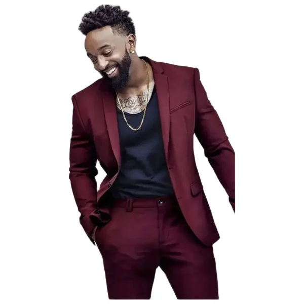 Full Set of Formal Skinny Outfits for a Luxurious Wedding for Men in Burgundy Single-Breastered, Notch Lapel Slim Fit Suits Blazer Groom Costume for Men - Image 3