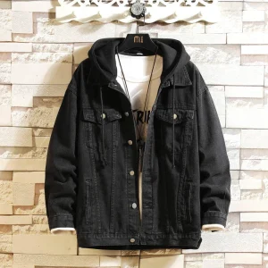 Men's Hooded Casual Denim Jacket Streetwear Solid Color Denim Jackets with a Turn-down Collar Men's Jacktite Hat Detachable