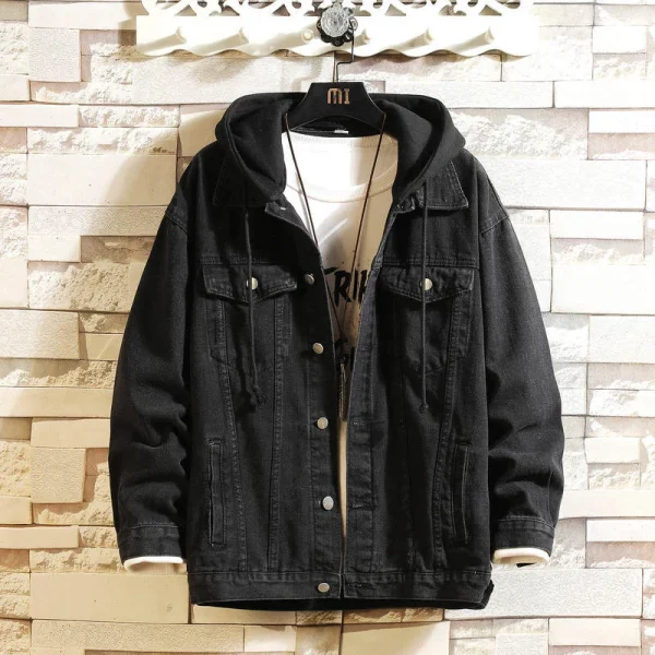 Men's Hooded Casual Denim Jacket Streetwear Solid Color Denim Jackets with a Turn-down Collar Men's Jacktite Hat Detachable