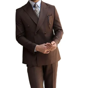 Luxurious Men's Office Wear Two-Piece Jacket and Pant Set, Regular Length, Double-Breast, Flat Front, Peak Lapel