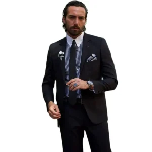 Formal Black Men's Slim Fit Luxury Business Outfist Jacket, Regular Length, Single Breasted, Notch Lapel, Blazer, and Pants