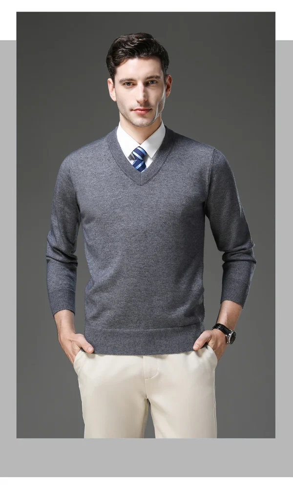 Warm Men's V-neck Solid Color Sweater, New Stretch Top for Autumn and Winter, Pullover Knitwear for Daily Leisure, Business - Image 11