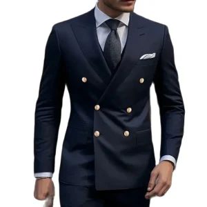 Standard Length Formal Wedding Groomsmen Men's Clothing Double-breasted Men's Suits in Navy Blue Peak Lapel Skinny Two-Piece Jacket and Pants