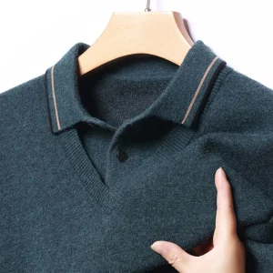 Superior Men's Solid Color Pullover Sweater with Stretchable Flip Collar, Ideal for Everyday Commuting.