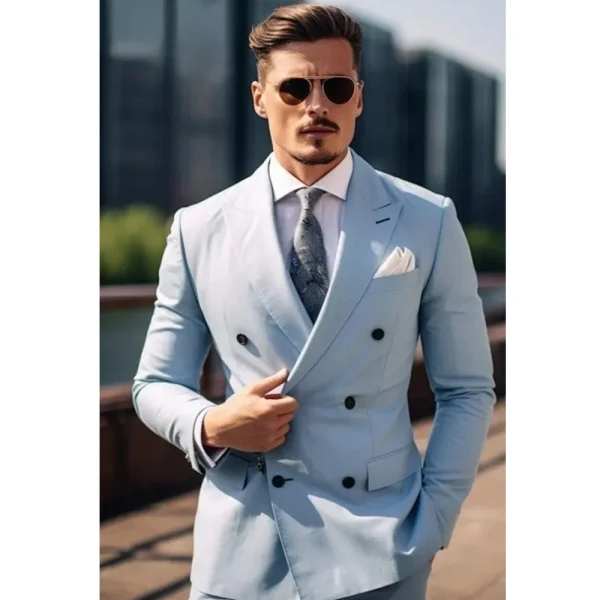 Slim Fit Full Set of Double Breasted Peak Lapel Blue Men's Formal Two-Piece Jacket and Pants for a Stylish Wedding Groomsman Costume - Image 4