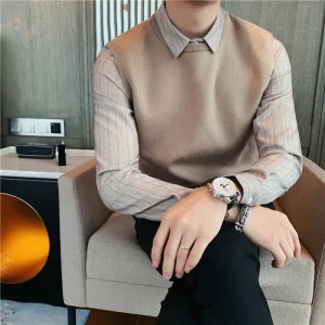 Men’s Fall and Winter Shirt Collar Fake Two-Piece Sweaters, Youth Fashion Knitwear, Business Casual, Shirt Sleeve