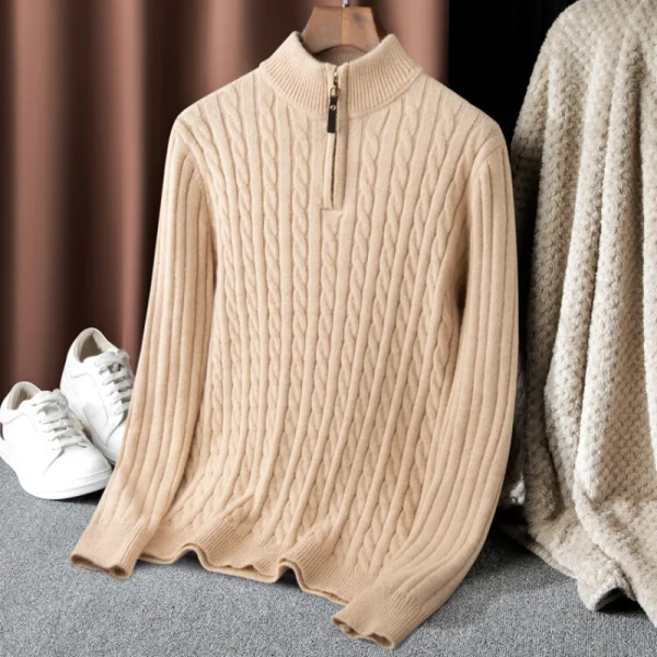 Men's Solid Color Turtleneck Top with Thermal Zipper Pullover Sweater for Fall and Winter by Boutique - Image 3