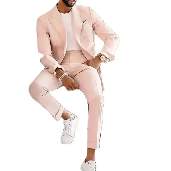 Sophisticated Groomsmen Men's Suits Double Breasted Peak Lapel Flat Front High End Two Piece Jacket Pants in Solid Pink - Image 4
