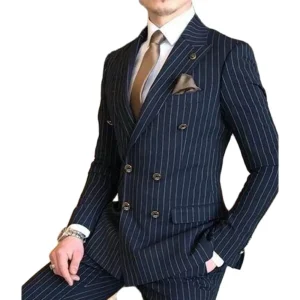 High-end men's suits, double-breasted, peak-lapel, regular-length, two-piece jackets, pants, and blazer shirts