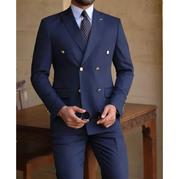 Professional Double-breasted Men's Navy Blue Suit with Peak Lapel Regular Length Flat Front Office Male Apparel Stylish Two-Piece Jacket Pants - Image 2