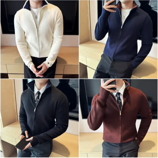 Stretch Solid Color Zipper Cardigan for Fall and Winter, Men's Business Casual Sweater for Everyday Wear.The Collar Coat Stand-up - Image 4
