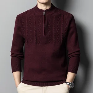 Warm, long-sleeved, solid-colored, half-zip men's pullover sweater with a half-high collar for fall and winter.