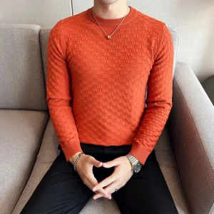 Warm and Stretchy Men's O-Neck Sweater with Jacquard Plaid Pullover Knit, Daily Slim Fit Base Shirt
