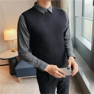 Men's Extra Thick Thermal Sweater Vest with Fleece, Knit Sweater with Woven Shirt Collar, and Plaid Shirt Collar