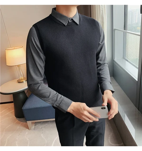 Men's Extra Thick Thermal Sweater Vest with Fleece, Knit Sweater with Woven Shirt Collar, and Plaid Shirt Collar