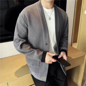 Men's Casual Loose Fit Cardigan with Long Sleeves, Color-Blocking Cuff, Stretchable, and Warm Knit for Fall and Winter 2024.