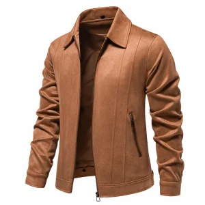 Men's Casual Business Faux Leather Trucker Jackets with Turn-down Collar in Brown Suede