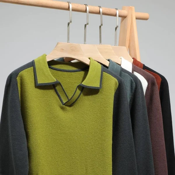 Men's Pullover Knit Sweater has a loose fit, casual V-neck, color block, stretch, and warmth for fall and winter. - Image 4