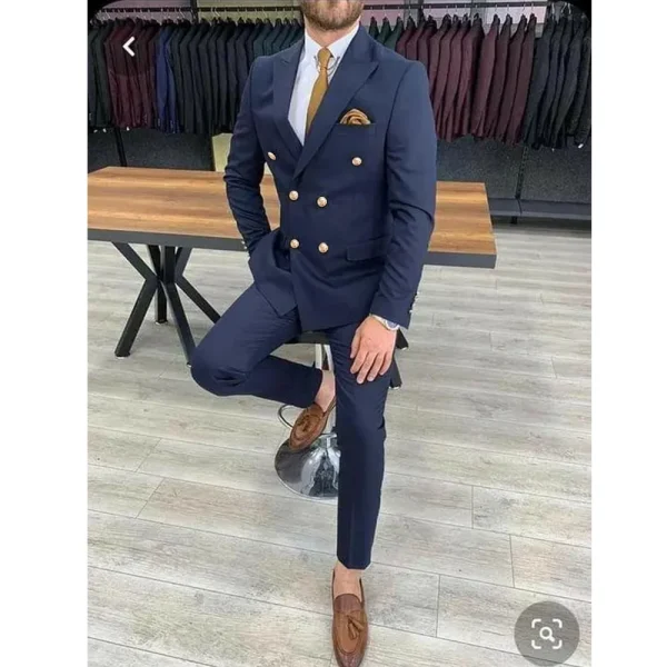 Men's Slim Fit Two-Piece Jacket and Pants, Peak Lapel Double Breasted Navy Blue, Casual Evening Party, Premium Full Set Blazer - Image 3