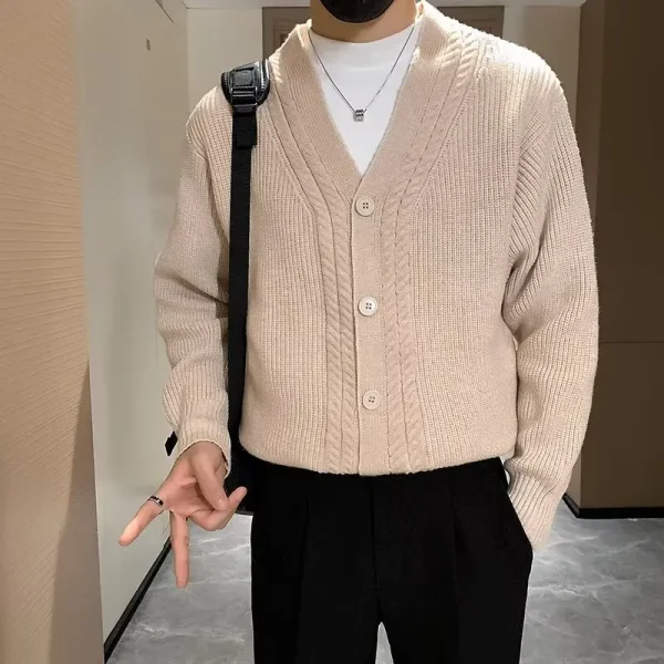 Men's business casual throwback V-neck warm sweater made of premium stretchable cardigan knit for fall and winter. - Image 3