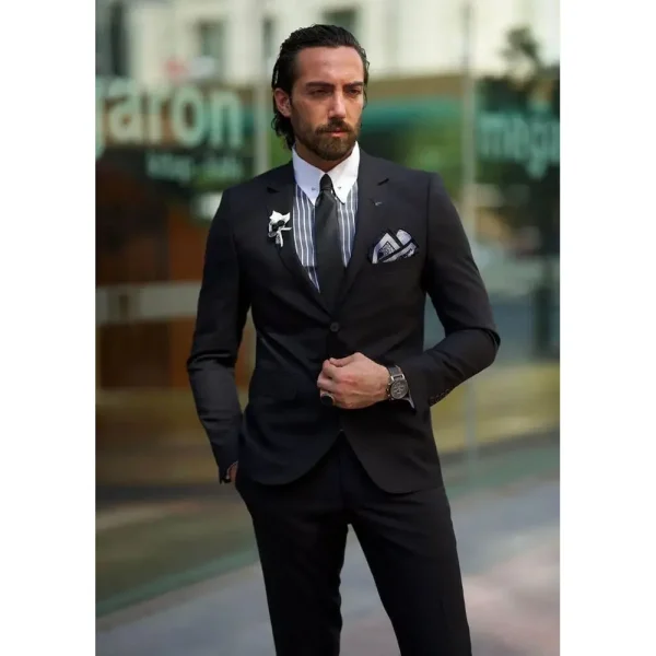 Formal Black Men's Slim Fit Luxury Business Outfist Jacket, Regular Length, Single Breasted, Notch Lapel, Blazer, and Pants - Image 2