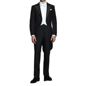 Superior Men's Black Long Coat, Luxurious Three-Piece Jacket, Vest, Doubel Breasted Peak Lapel Slim, Stylish Wedding Tuxedos