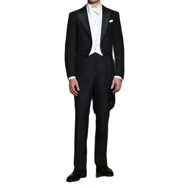 Superior Men's Black Long Coat, Luxurious Three-Piece Jacket, Vest, Doubel Breasted Peak Lapel Slim, Stylish Wedding Tuxedos