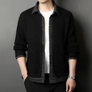 Men's elastic and fashionable knitted jacket with denim collar patchwork for everyday casual wear in the fall.